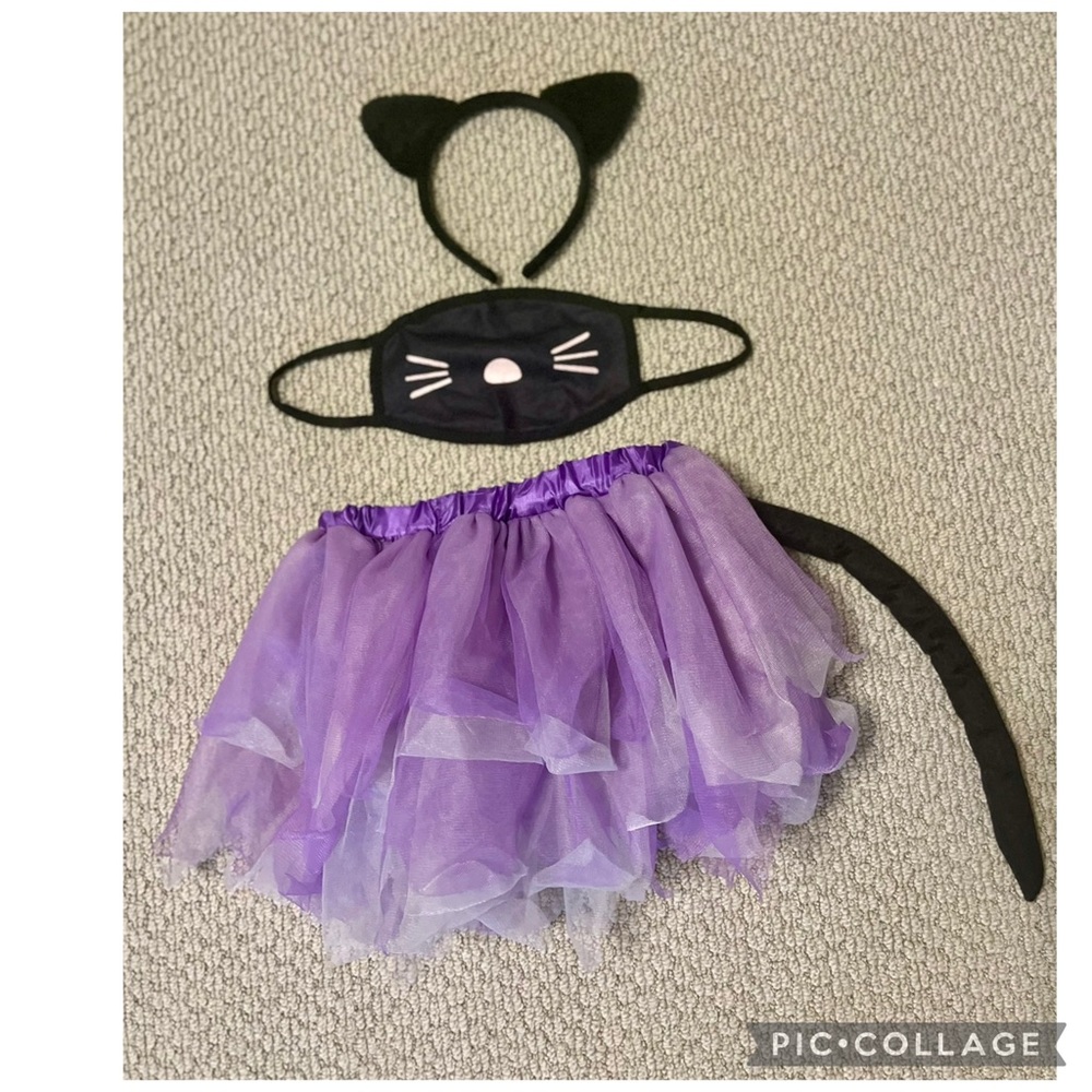 Girls Purple Black Cat Halloween Costume Tutu Tail Mask Ears Size M